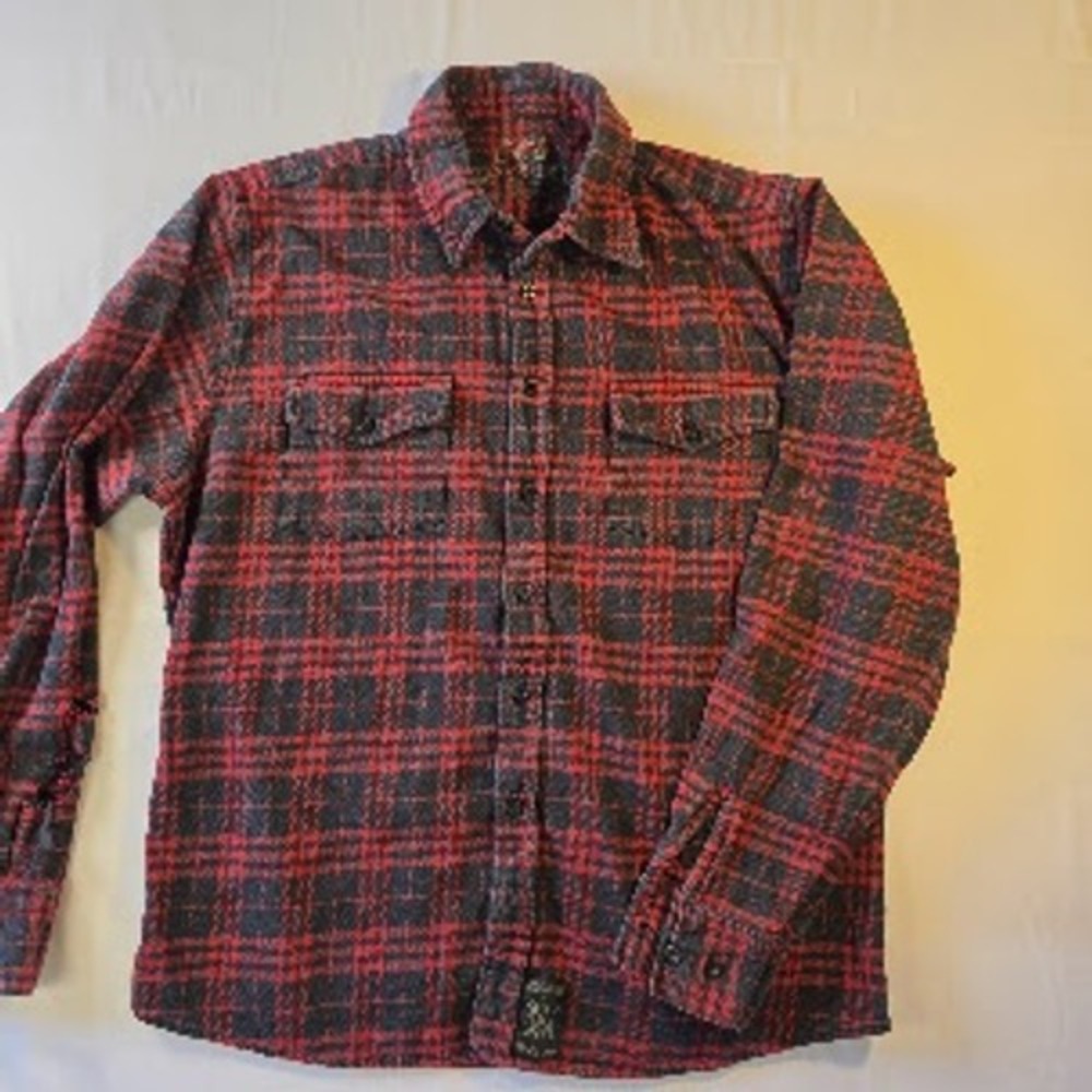 CCS Mens Flannel Shirt XL Red Black Plaid Long Sleeve Cotton Skate Distressed